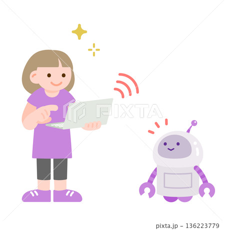 ノートパソコンで学習する子供とAIロボットのイラスト ノートパソコンで学習する子供とAIロボットのイラスト 136223779