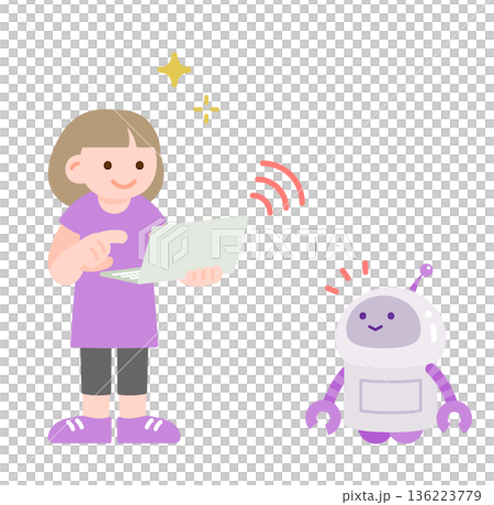 ノートパソコンで学習する子供とAIロボットのイラスト ノートパソコンで学習する子供とAIロボットのイラスト 136223779