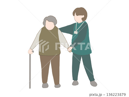 顔がない老人と介護士が一緒に歩いているカラーイラスト 136223879