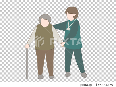 顔がない老人と介護士が一緒に歩いているカラーイラスト 136223879