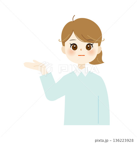 手のひらを上に向けて案内するビジネス女性のイラスト 説明・受付・誘導02 手のひらを上に向けて案内するビジネス女性のイラスト 説明・受付・誘導02 136223928