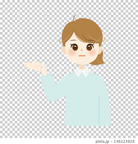 手のひらを上に向けて案内するビジネス女性のイラスト 説明・受付・誘導02 手のひらを上に向けて案内するビジネス女性のイラスト 説明・受付・誘導02 136223928