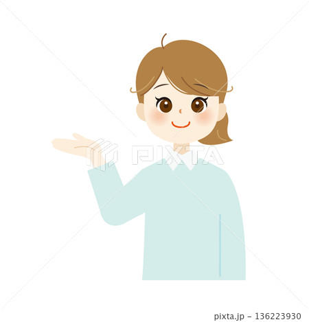 手のひらを上に向けて案内するビジネス女性のイラスト 説明・受付・誘導06 手のひらを上に向けて案内するビジネス女性のイラスト 説明・受付・誘導06 136223930
