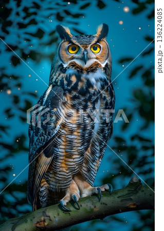 月明かりに照らされる森のフクロウの肖像 136224085