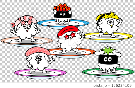 Conveyor belt sushi character set: salmon roe, shrimp, salmon, tuna, egg, and kappa roll 136224109