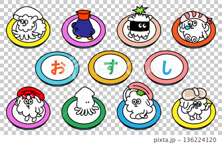 Sushi character set, loose hand-drawn style illustration Sushi character set, loose hand-drawn style illustration 136224120