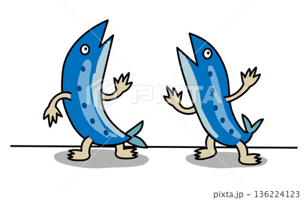 シュールで陽気なイワシのポーズセット 魚のキャラクター シュールで陽気なイワシのポーズセット 魚のキャラクター 136224123