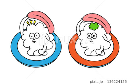 自分でお刺身を被るお寿司のキャラクターのゆるいイラストセット 136224126