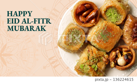 Sweets and treats for Ramadan celebration with greetings for Eid al-Fitr 136224615