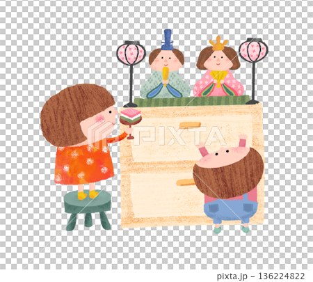 描繪了一個小女孩和小男孩正在為女兒節裝飾的插圖。 136224822