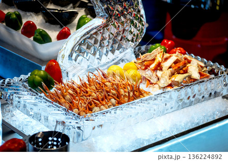 Top view of Alaskan crab legs or Alaska King Crab in Restaurant, focus selective 136224892