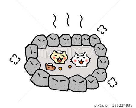 温泉でくつろぐかわいい動物キャラクターのイラスト 136224939