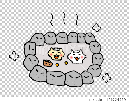 温泉でくつろぐかわいい動物キャラクターのイラスト 136224939