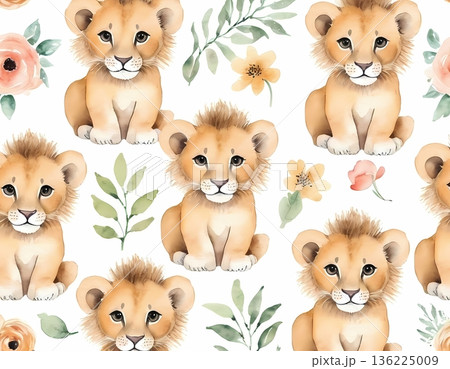 Watercolor cute lion cub seamless pattern for wrapping paper and fabric design 136225009