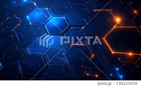 複雑な電子回路と青く光る六角形セルのデジタル抽象背景 136225010
