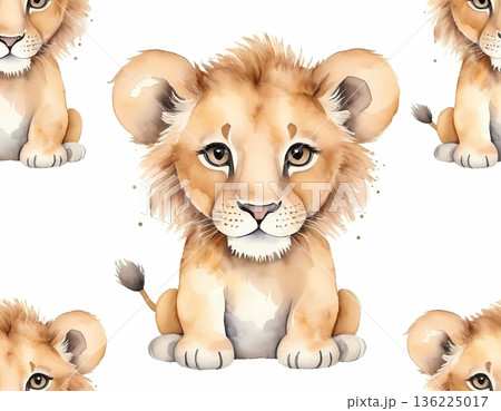 Watercolor cute lion cub seamless pattern for wrapping paper and fabric design Watercolor cute lion cub seamless pattern for wrapping paper and fabric design 136225017