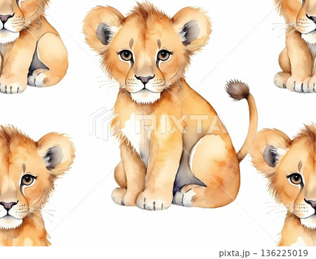 Watercolor cute lion cub seamless pattern for wrapping paper and fabric design Watercolor cute lion cub seamless pattern for wrapping paper and fabric design 136225019
