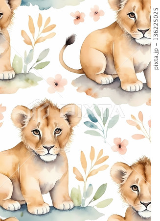 Watercolor cute lion cub seamless pattern for wrapping paper and fabric design 136225025