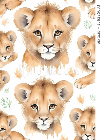 Watercolor cute lion cub seamless pattern for wrapping paper and fabric design 136225033