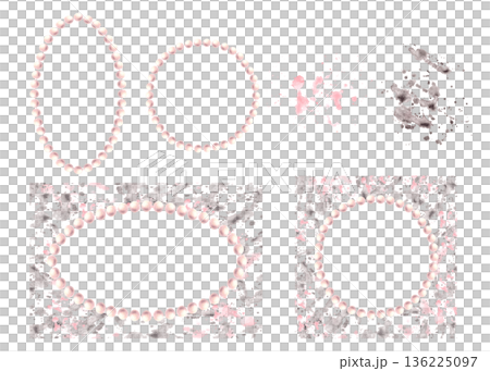 Pearl frame on watercolor pink, grey stain, splashes abstract background. Pastel coloured hand drawn illustration. Circle, oval blank cards template for wedding, Valentine's, Mother's Day. Isolated 136225097