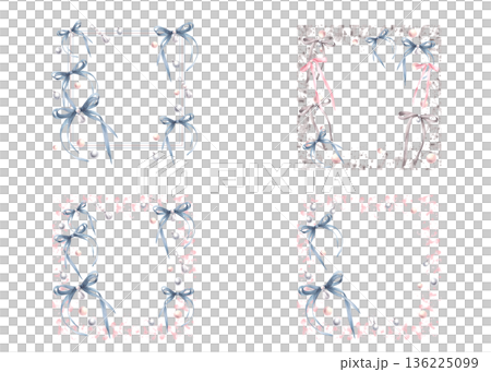 Blue bows, ribbons with pearl earrings on watercolor pink spots splashes abstract background. Square frame. Coquette style template, girly card, product label Hand drawn illustration isolated clipart. 136225099