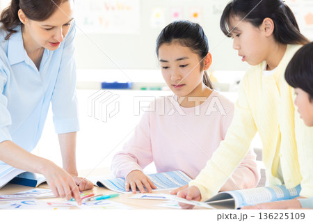 教育　英会話教室でレッスンを受ける子供とネイティブ講師 136225109