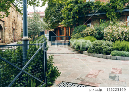 Green plants and stone pathways create an inviting space in an urban garden area 136225169