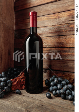 Red wine bottle with blue grapes on an old wooden table. 136225212