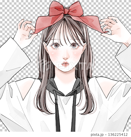 頭に大きなリボンをつけている女性 136225412