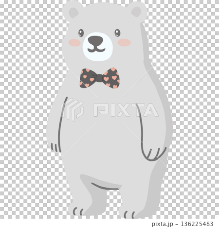 Cute grey bear wearing a heart pattern bow tie, illustrated cartoon style. 136225483