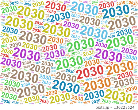Colorful typographic pattern featuring repeated number 2030 in various sizes and colors Colorful typographic pattern featuring repeated number 2030 in various sizes and colors 136225524