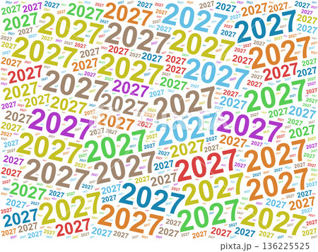 Colorful typographic pattern featuring repeated number 2027 in various sizes and colors 136225525