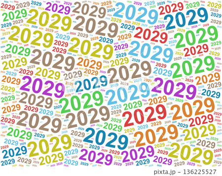 Colorful typographic pattern featuring repeated number 2029 in various sizes and colors 136225527
