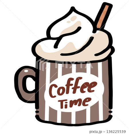 Coffee Mug with Whipped Cream and Coffee Time Text Illustration Coffee Mug with Whipped Cream and Coffee Time Text Illustration 136225539