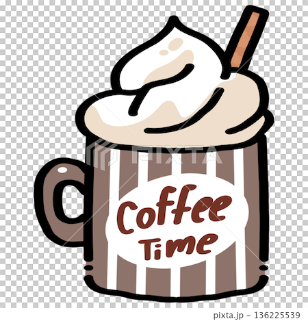 Coffee Mug with Whipped Cream and Coffee Time Text Illustration Coffee Mug with Whipped Cream and Coffee Time Text Illustration 136225539