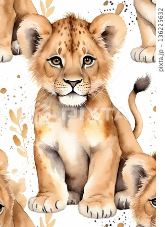 Watercolor cute lion cub seamless pattern for wrapping paper and fabric design 136225632