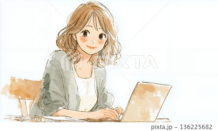 自宅でパソコンを使う女性 136225682