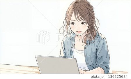 自宅でパソコンを使う女性 136225684