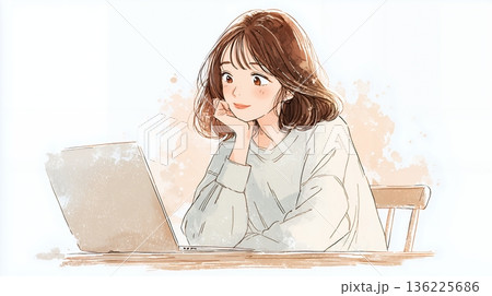 自宅でパソコンを使う女性 136225686