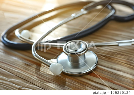 木製テーブルに置かれた聴診器 136226124