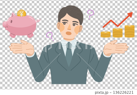 An illustration of a man in a suit thinking about how to increase his savings 136226221