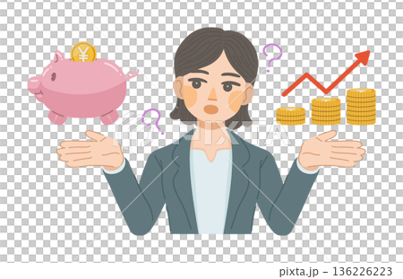 An illustration of a woman in a suit thinking about how to increase her savings 136226223