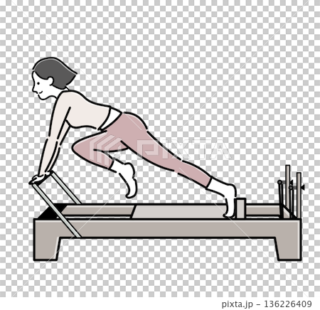 マシンピラティスで膝のストレッチを行うピンクのウェアを着たボブの女性 136226409