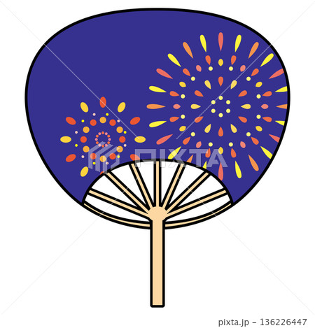 うちわに描かれた夜空の打ち上げ花火の夏イメージイラスト 136226447