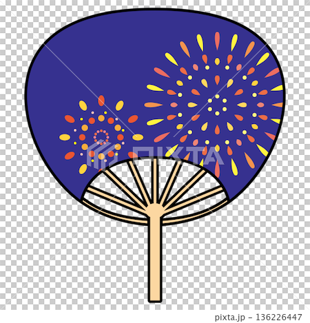 うちわに描かれた夜空の打ち上げ花火の夏イメージイラスト 136226447
