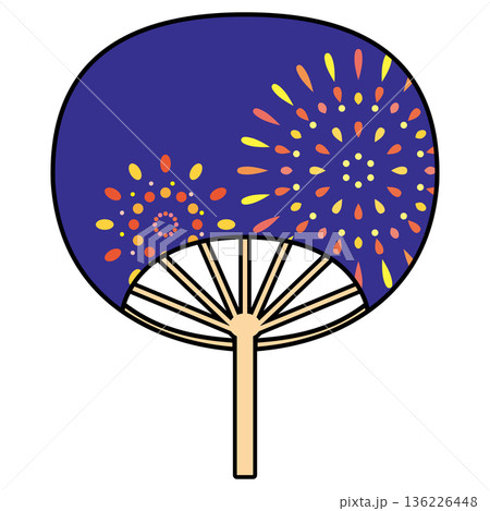 夜空に打ち上がる花火が描かれた夏祭りのうちわイラスト 136226448