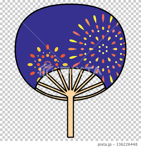夜空に打ち上がる花火が描かれた夏祭りのうちわイラスト 136226448