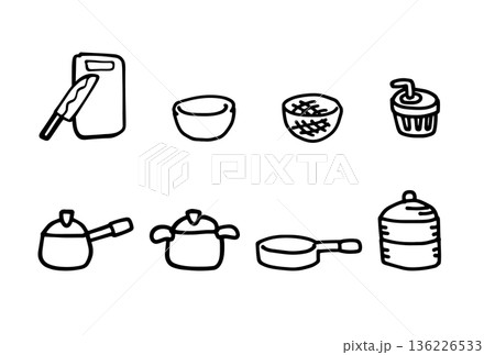 モノクロの手描き調理道具のイラストセット 136226533