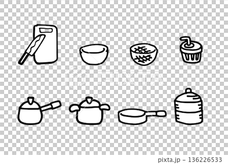 モノクロの手描き調理道具のイラストセット 136226533