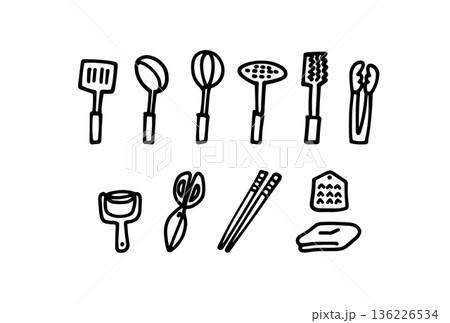 モノクロの手描きキッチンツールのイラストセット モノクロの手描きキッチンツールのイラストセット 136226534